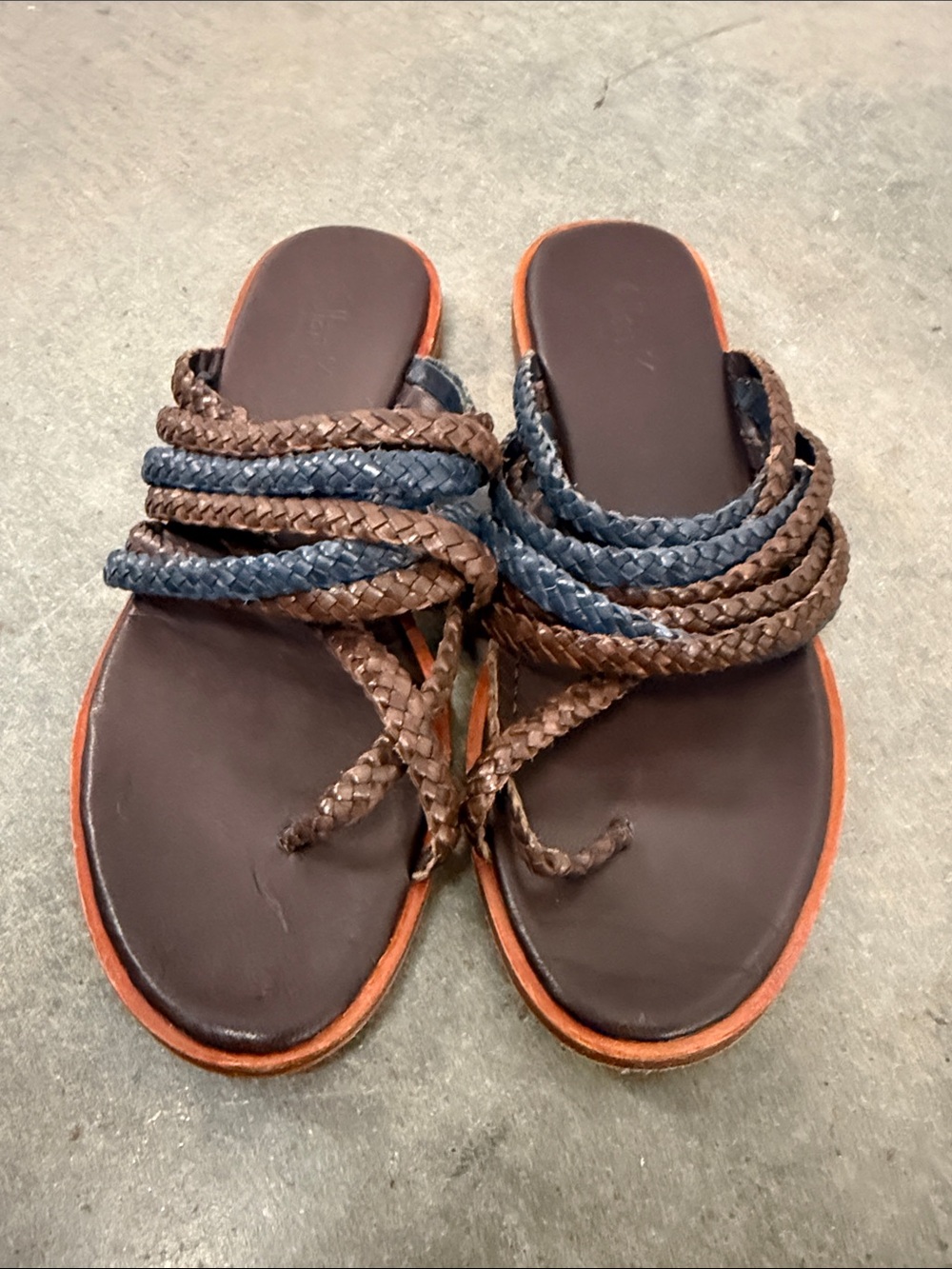 Alan K Brown and Navy Braided Leather Slide Sandals with Orange Trim